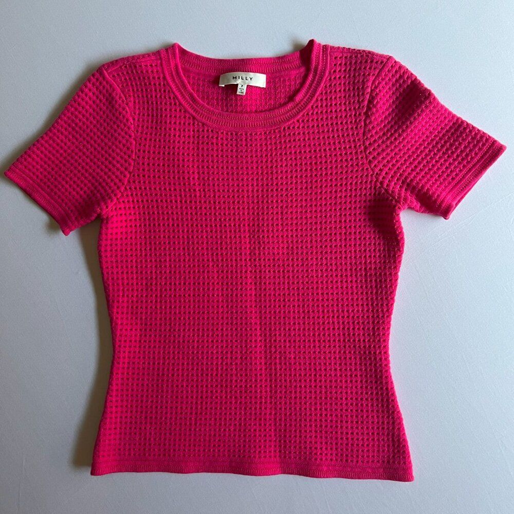 MILLY Hot Pink Fuchsia Perforated Sweater Cotton Knit Shirt Blouse - Picture 2 of 3